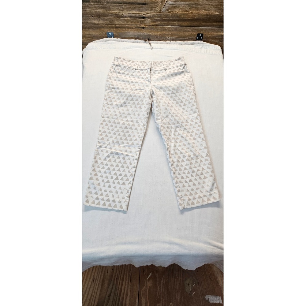 Ann Taylor LOFT Womens 4 White Tan Triangle Print Crop Pants Straight Leg Cotton